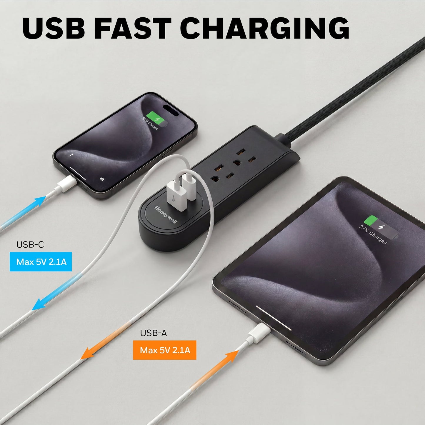 Honeywell 3 ft. Fabric Power Strip with 2 AC & 2 USB Ports (2.1A), 45° Angled Flat Plug (Black/Black)