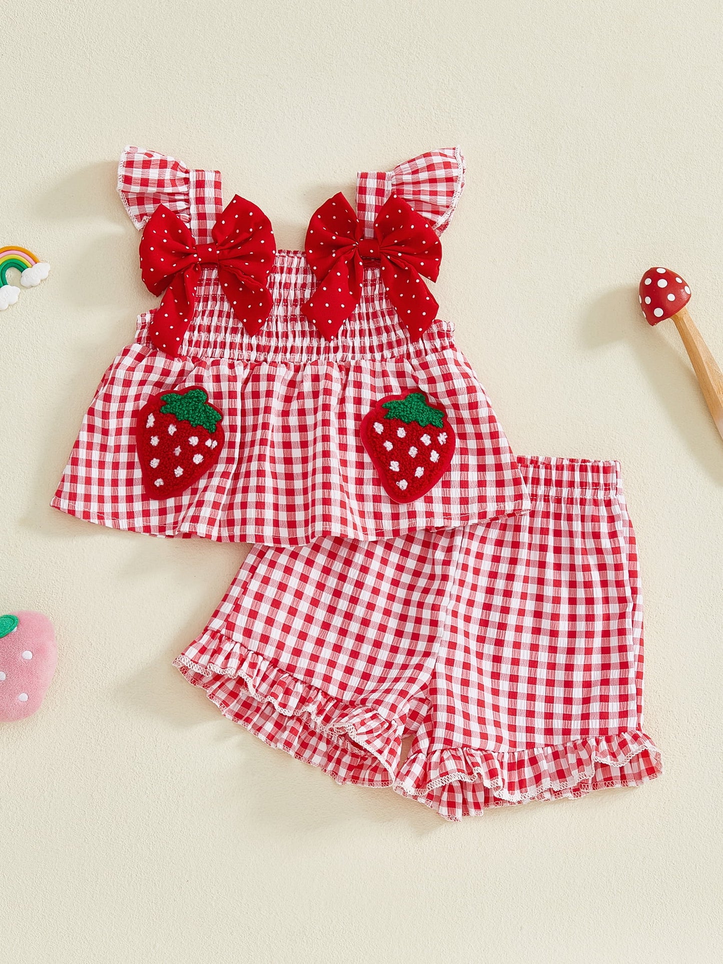 Loicainy Toddler Baby Girl Summer Outfit 6 9 12 18 24 Months 2T 3T Strawberry Embroidered Plaid Bows Ruffled Trim Tank Tops and Shorts 2 Pcs Clothes Set