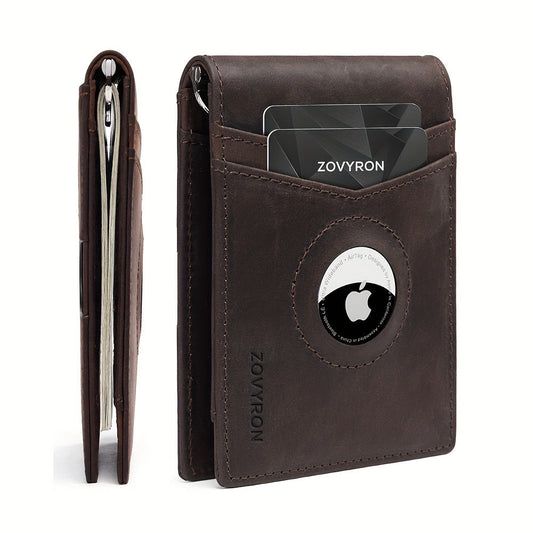 Mens Wallet Genuine Leather Slim Bifold Wallet With Airtag Holder, RFID Blocking, Front Pocket Wallet With Money Clip,ID Window Credit Card Holder