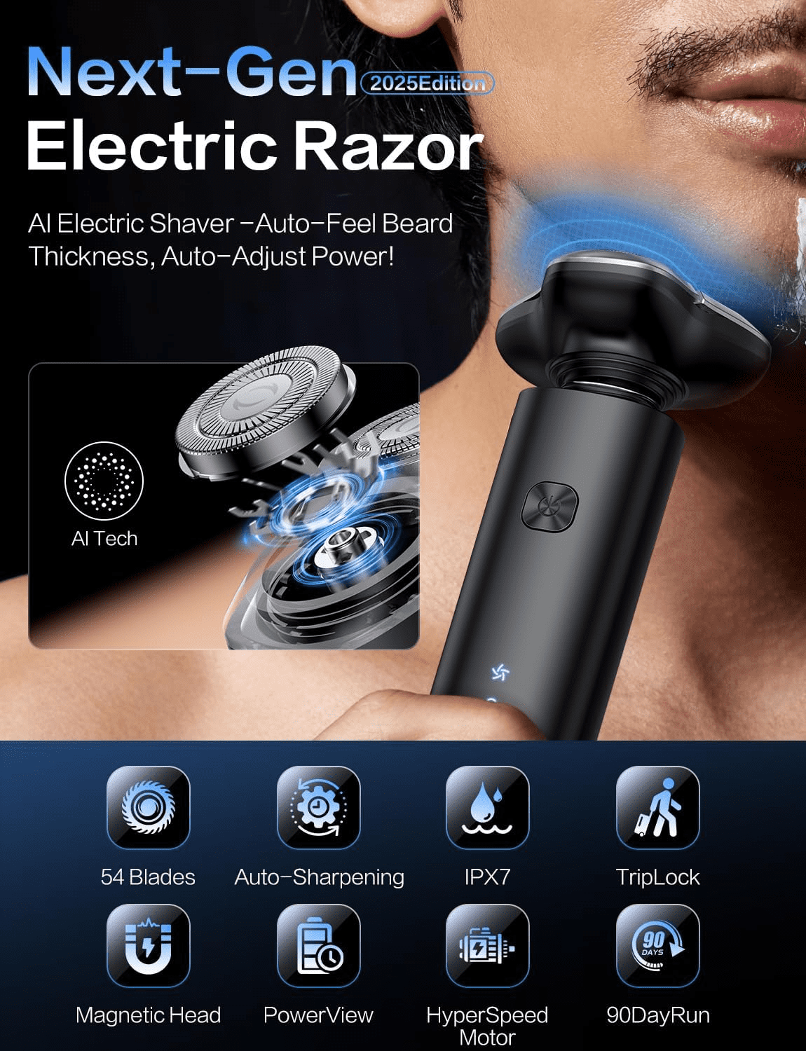 Scootworks Electric Razor for Men, Waterproof Cordless Electric Shaver, Wet Dry Adjustable Speeds Beard Trimmer Grooming Kit with LED Display, Fast Charging