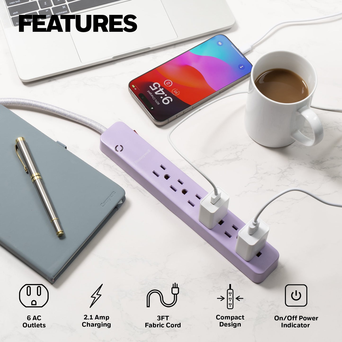 Honeywell 2-in-1 Pack Power Strips - 6 AC Outlets Surge + 3 AC 2 USB Strip (1 USB-A + 1 USB-C 2.1A) - Pink